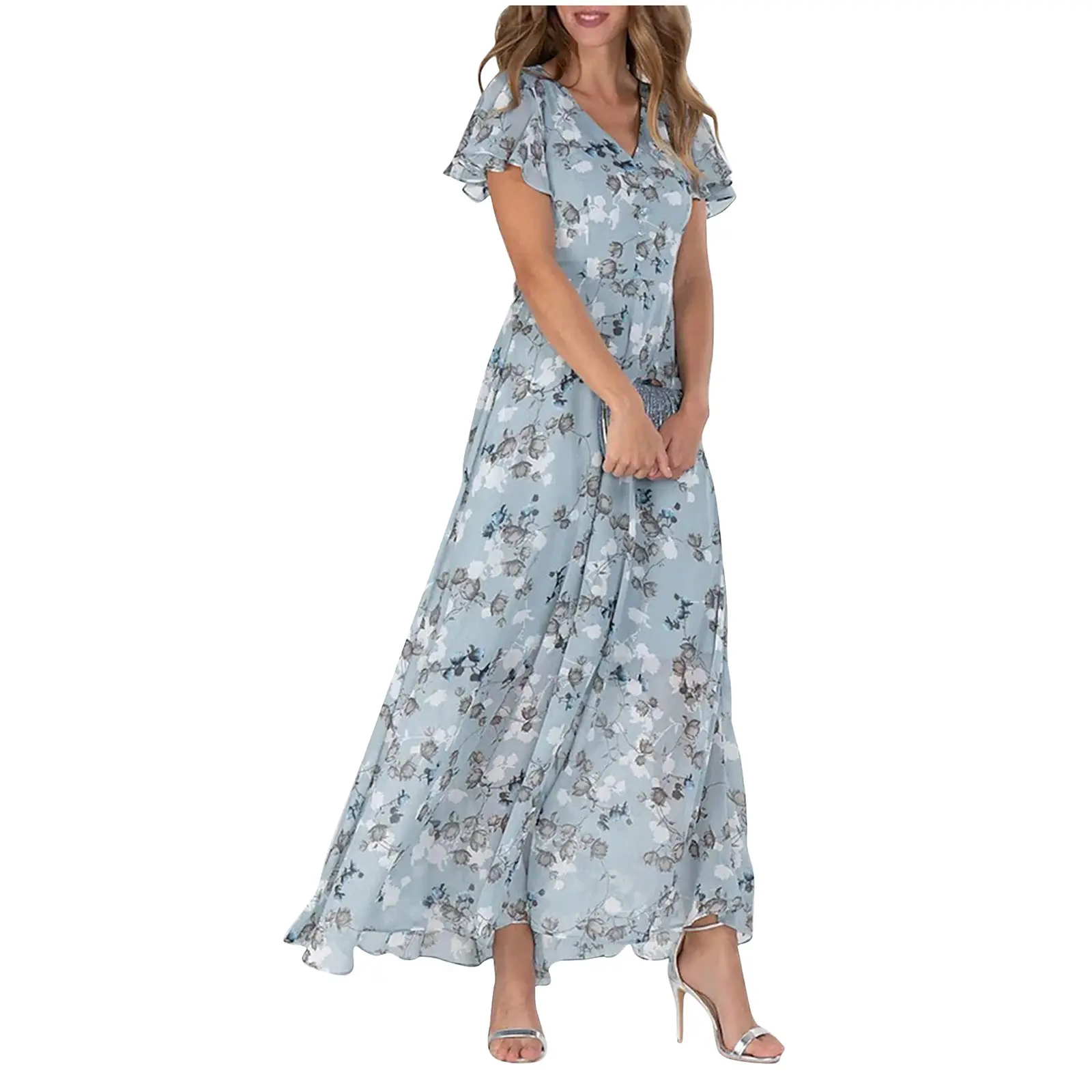 Chiffon Floral Dress Women 2024 Summer New short Sleeves French Vintage Stylish Elegant Long Dress Female Fashion Clothing