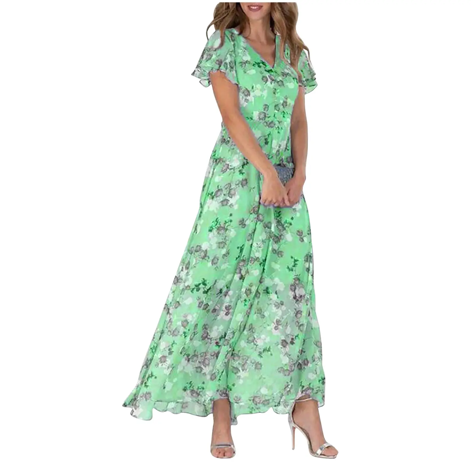 Chiffon Floral Dress Women 2024 Summer New short Sleeves French Vintage Stylish Elegant Long Dress Female Fashion Clothing
