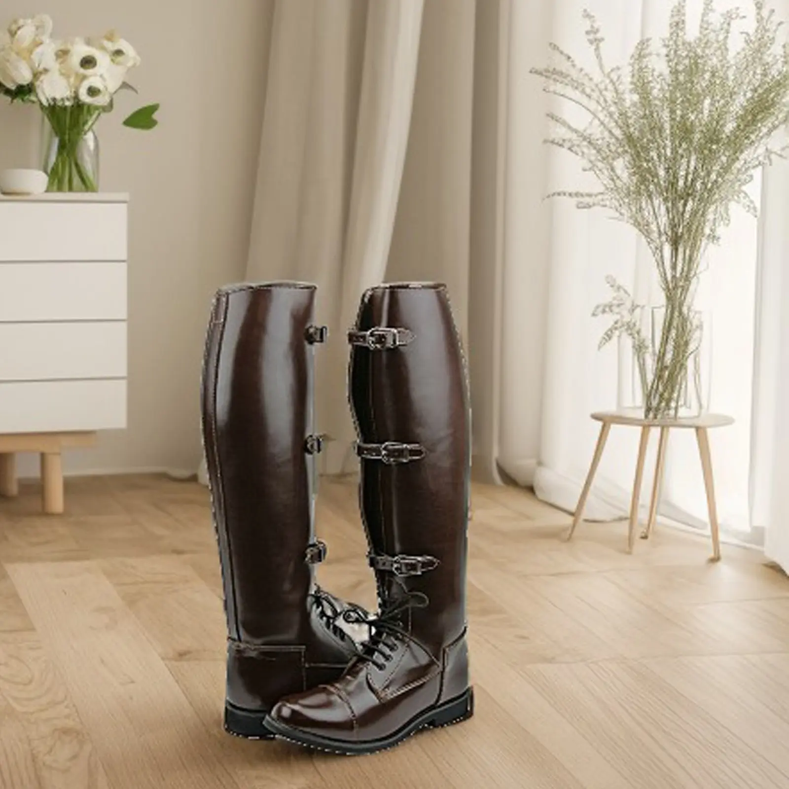 British Man Three Buckle Strap Flat Lace- Up Knee Boots Hombre Zapatos Riding Boots Brown Vintage Leather Motorcycle Boots