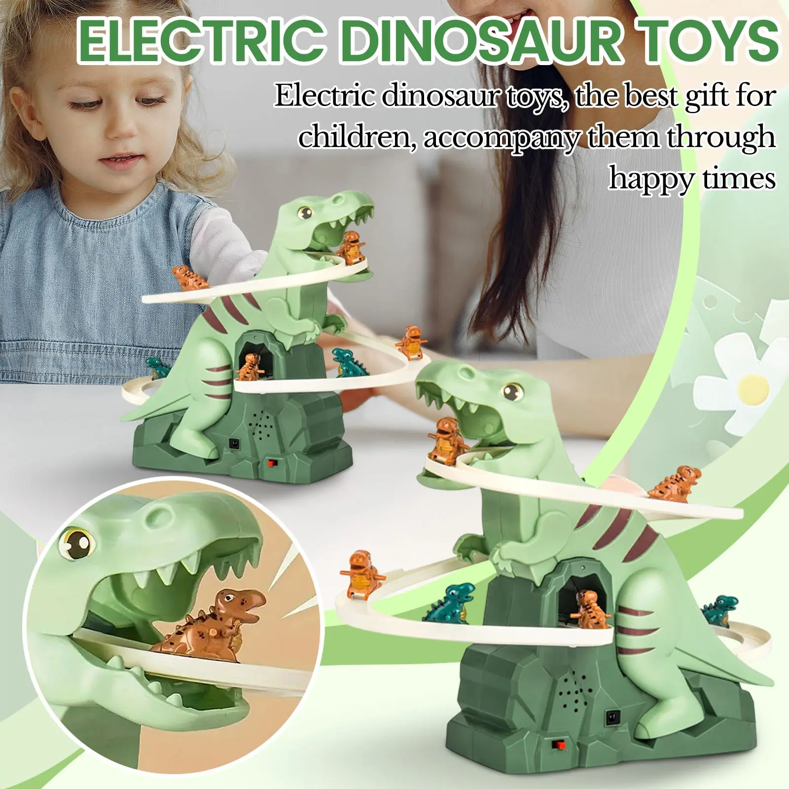 Toddler Dinosaur Climbing Slide Stairs Toy Race Track Game Set Electric Adventure Slide Roller Coaster with Light Music Kid Gift
