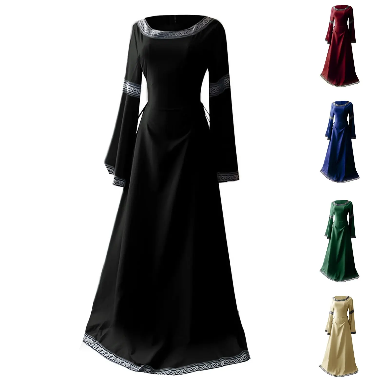 Women Medieval Renaissance Trumpet Sleeve Retro Loor Length Gown Lace Trim Irish Over Long Dress Halloween Costume Plus Size