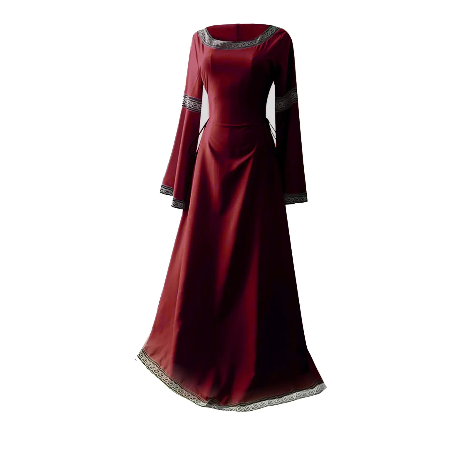 Women Medieval Renaissance Trumpet Sleeve Retro Loor Length Gown Lace Trim Irish Over Long Dress Halloween Costume Plus Size