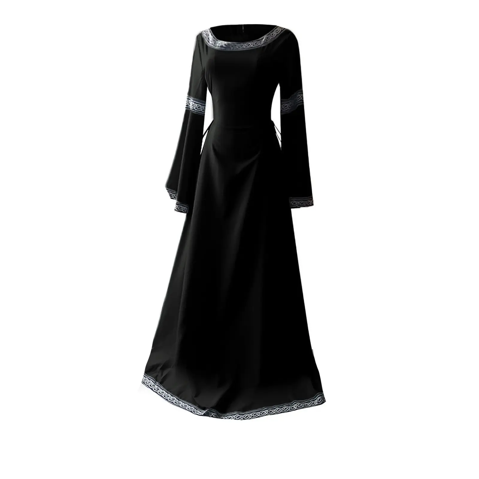 Women Medieval Renaissance Trumpet Sleeve Retro Loor Length Gown Lace Trim Irish Over Long Dress Halloween Costume Plus Size