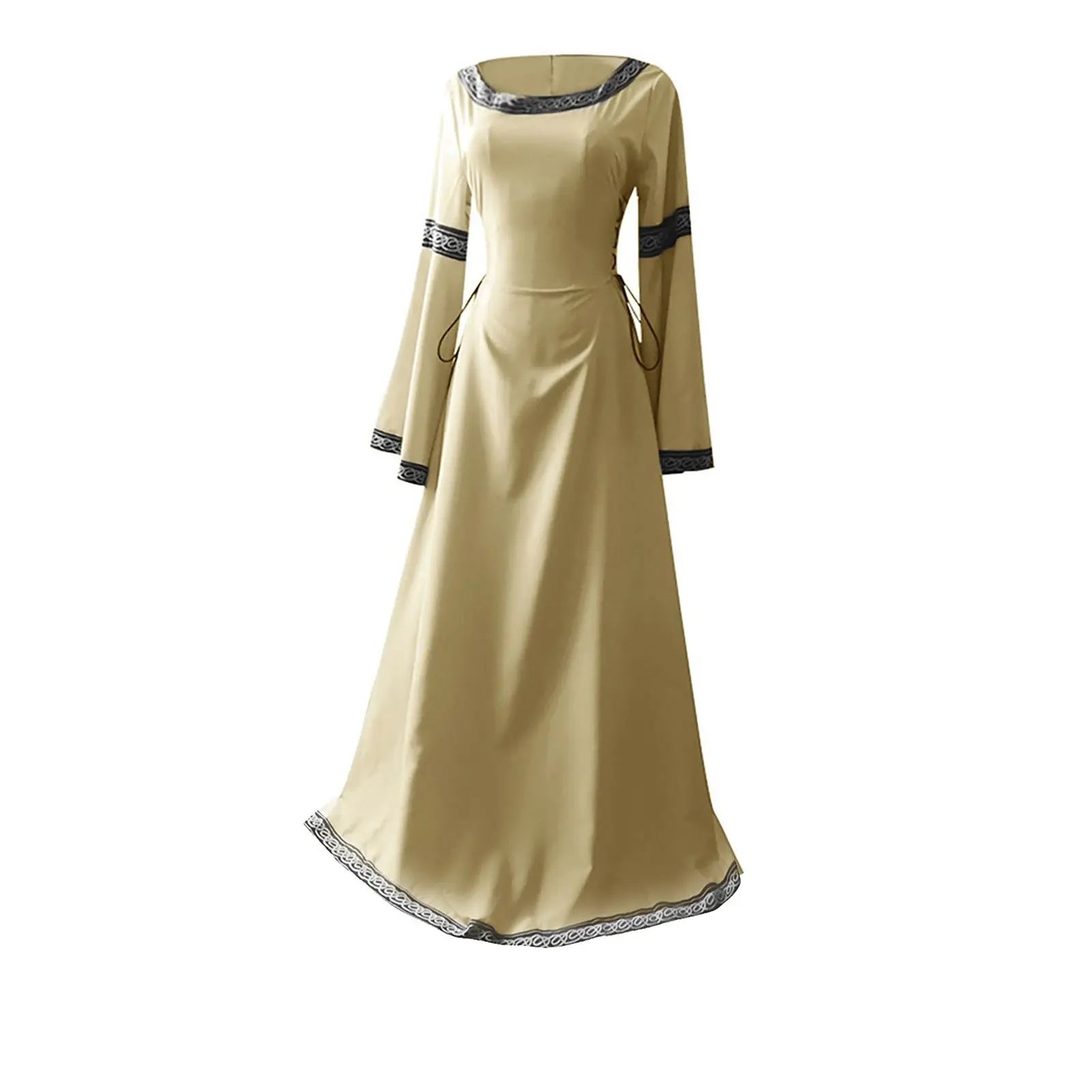 Women Medieval Renaissance Trumpet Sleeve Retro Loor Length Gown Lace Trim Irish Over Long Dress Halloween Costume Plus Size