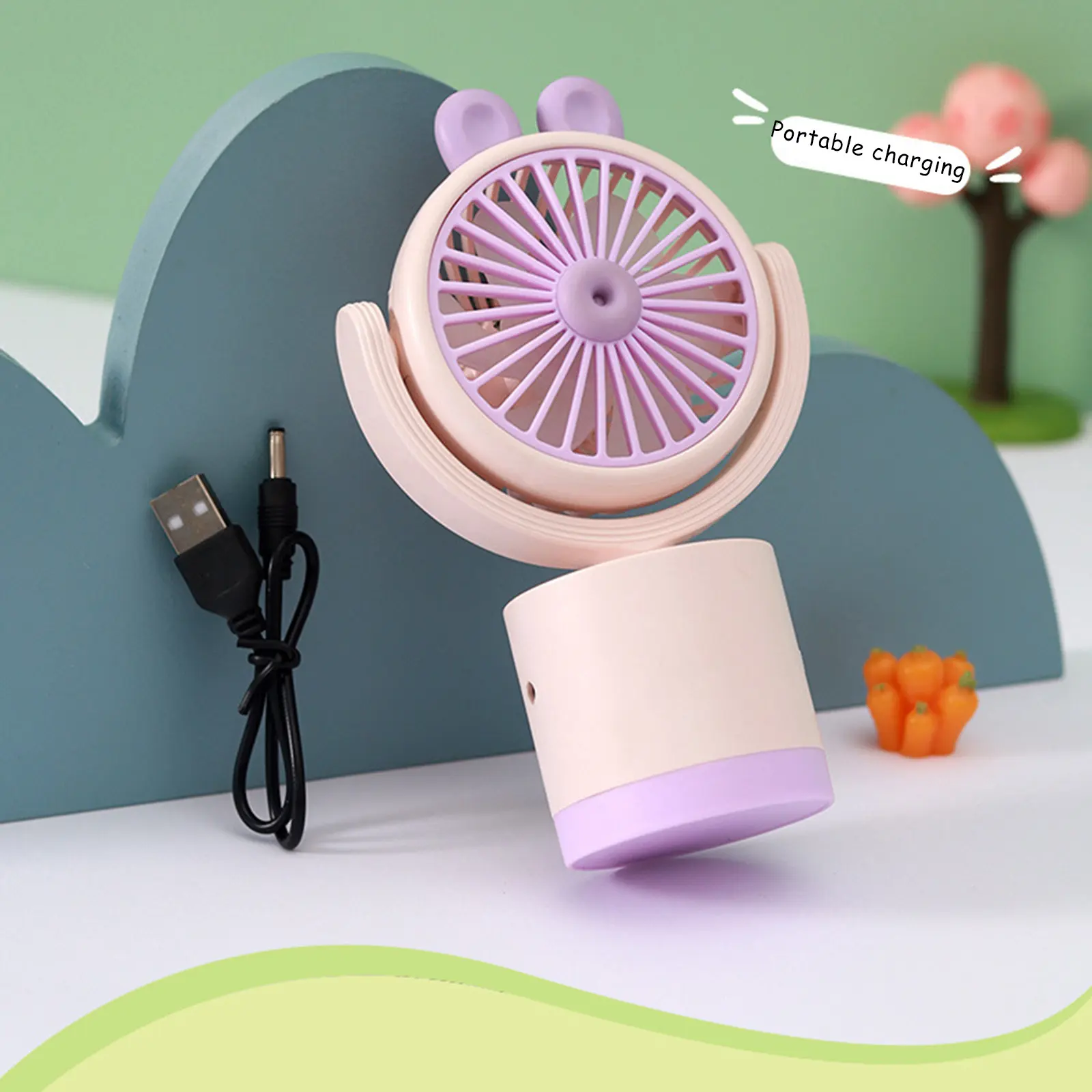 Mini USB Charging Small Fan for Summer Coolness Handheld Shaking Rabbit Fan Portable Desktop Electric Fan