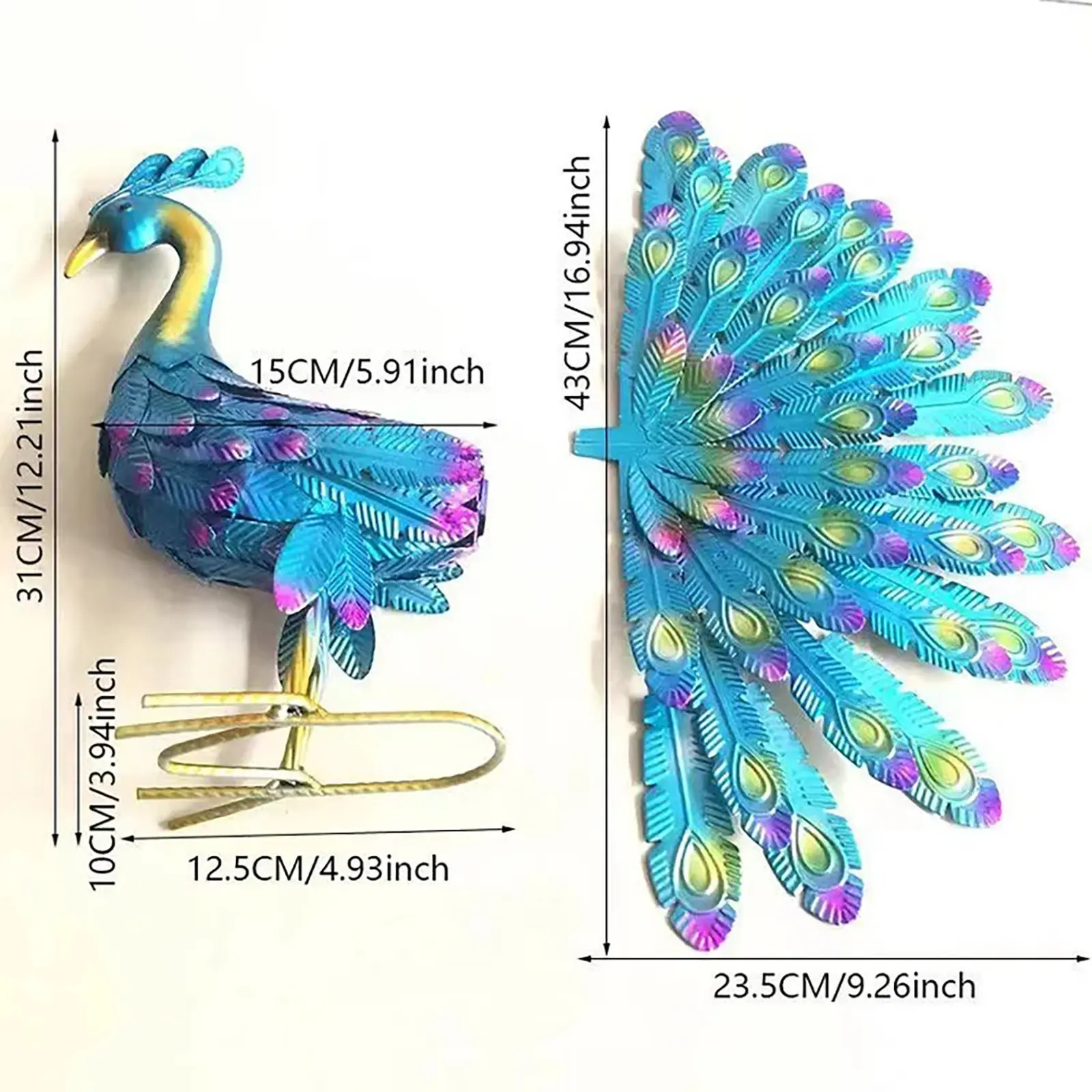 43cm Blue Peacock Statue Garden Decoration Metal Peacock Open Screen Decoration Courtyard Art Garden Decoration Outdoor Peacock