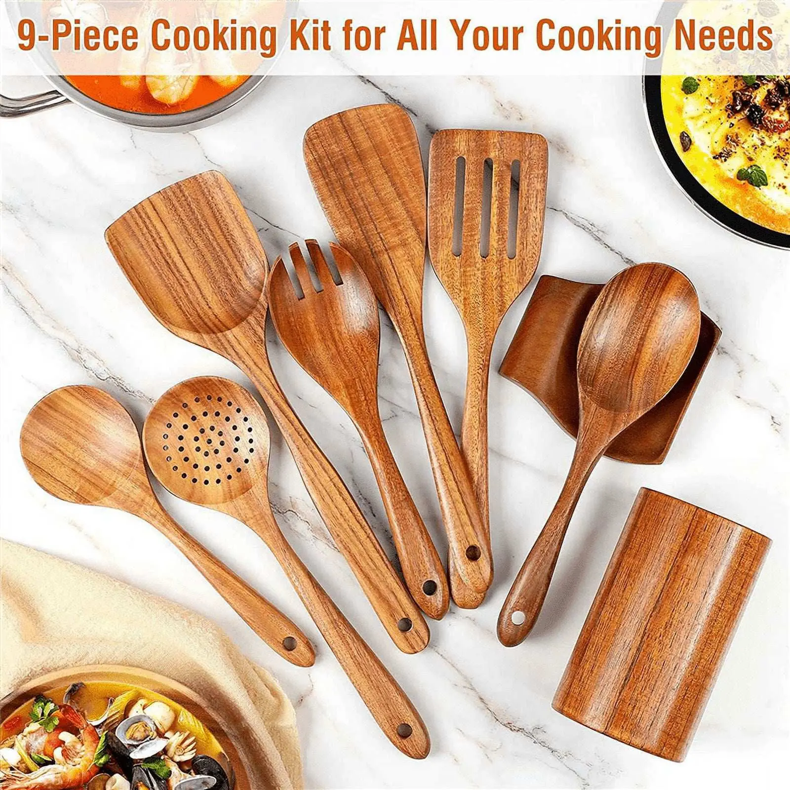 9pcs Natural Wood Kitchenware Set Skimmer Spoons Salad Scoop Kitchen Utensils Non Stick Rice Colander Soup Cooking Tools