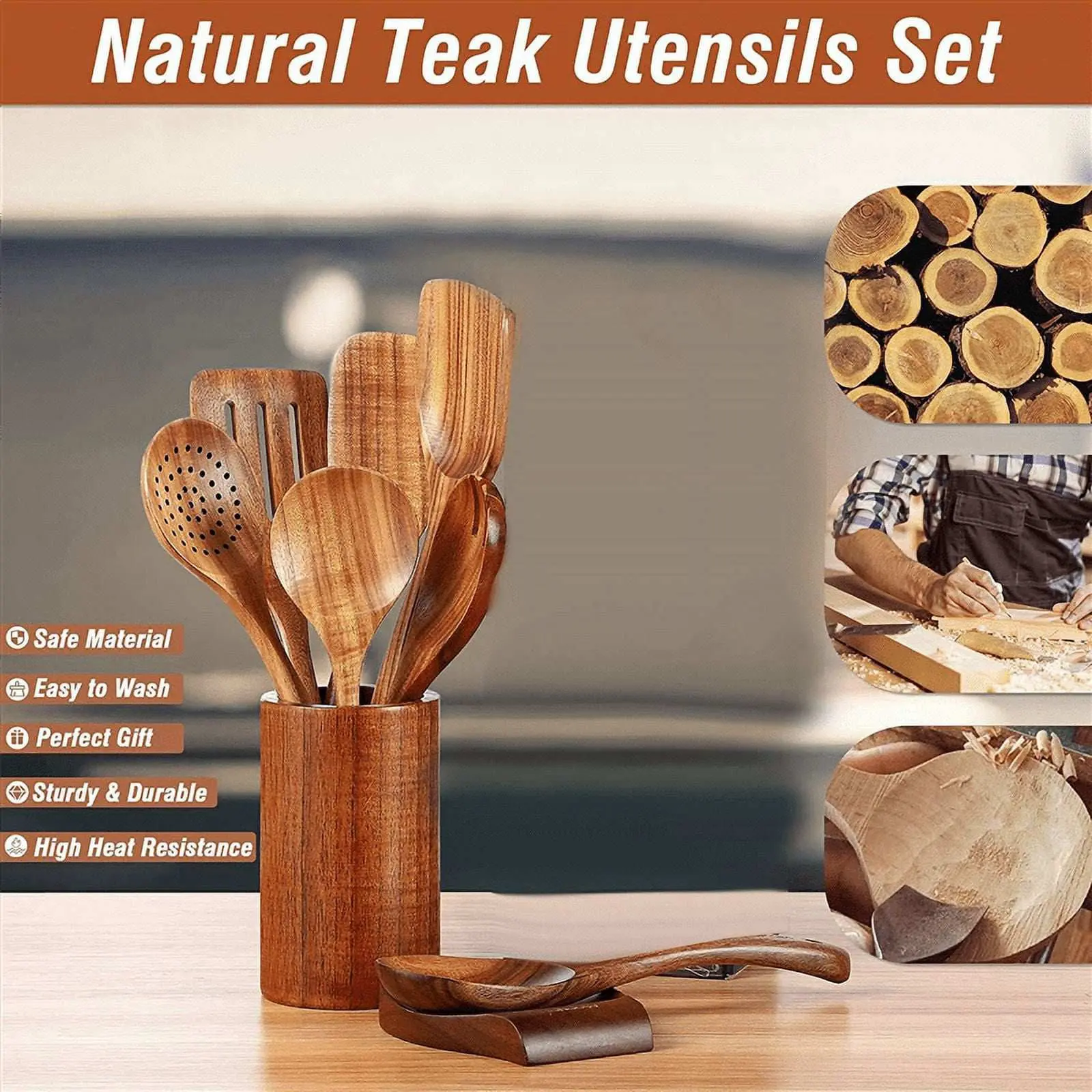 9pcs Natural Wood Kitchenware Set Skimmer Spoons Salad Scoop Kitchen Utensils Non Stick Rice Colander Soup Cooking Tools