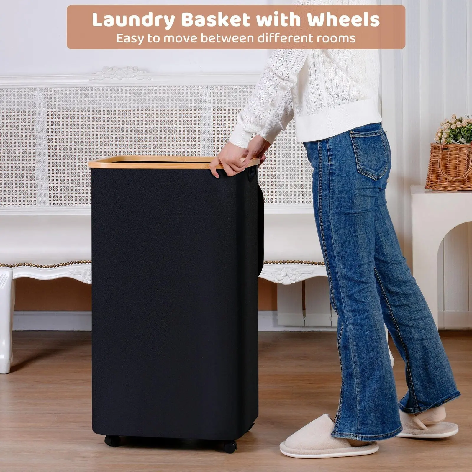 Rolling Laundry Basket Large Slim Folding Hamper On Wheels 110L Freestanding Narrow Corner Bin With Handle Dirty Clothes Storage