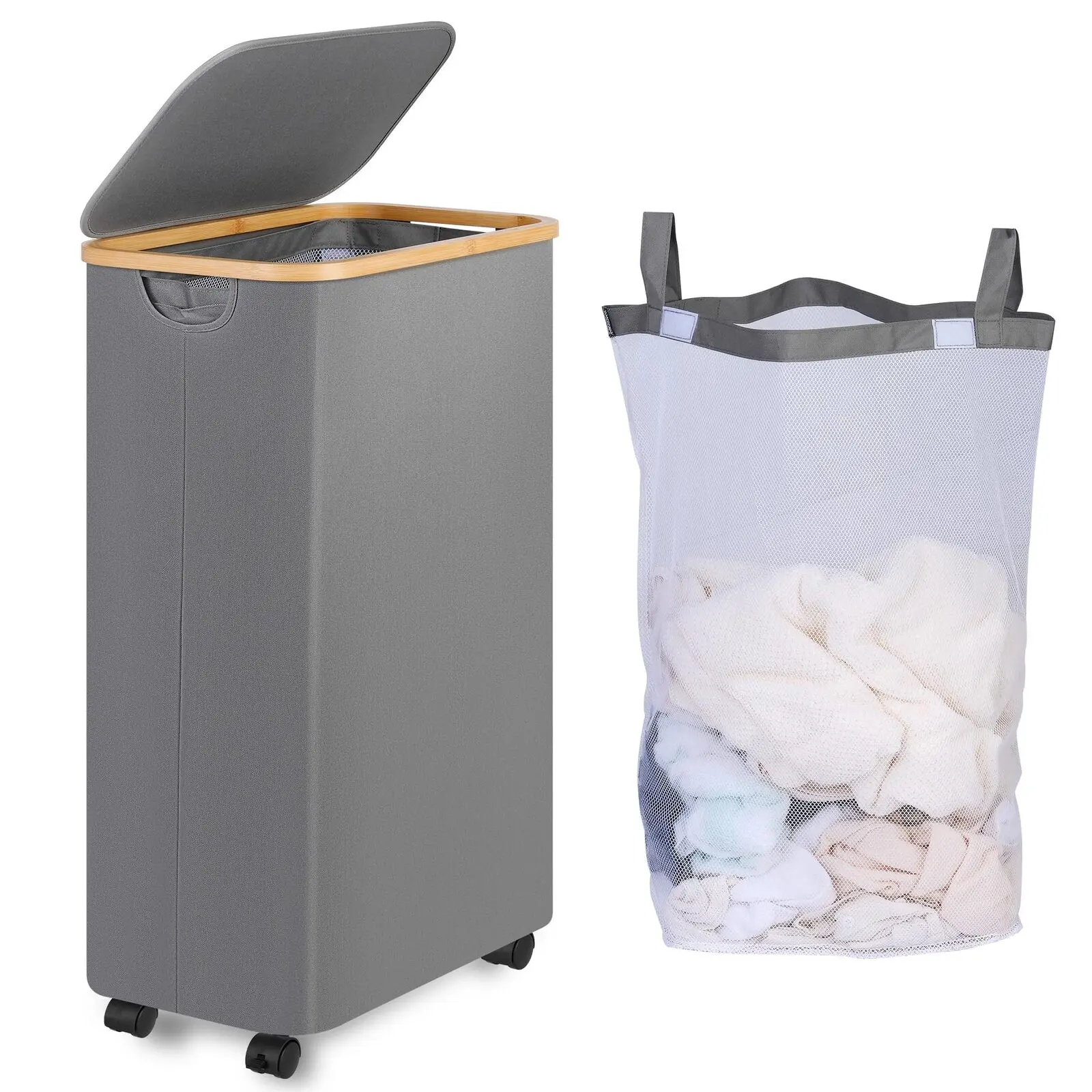 Rolling Laundry Basket Large Slim Folding Hamper On Wheels 110L Freestanding Narrow Corner Bin With Handle Dirty Clothes Storage