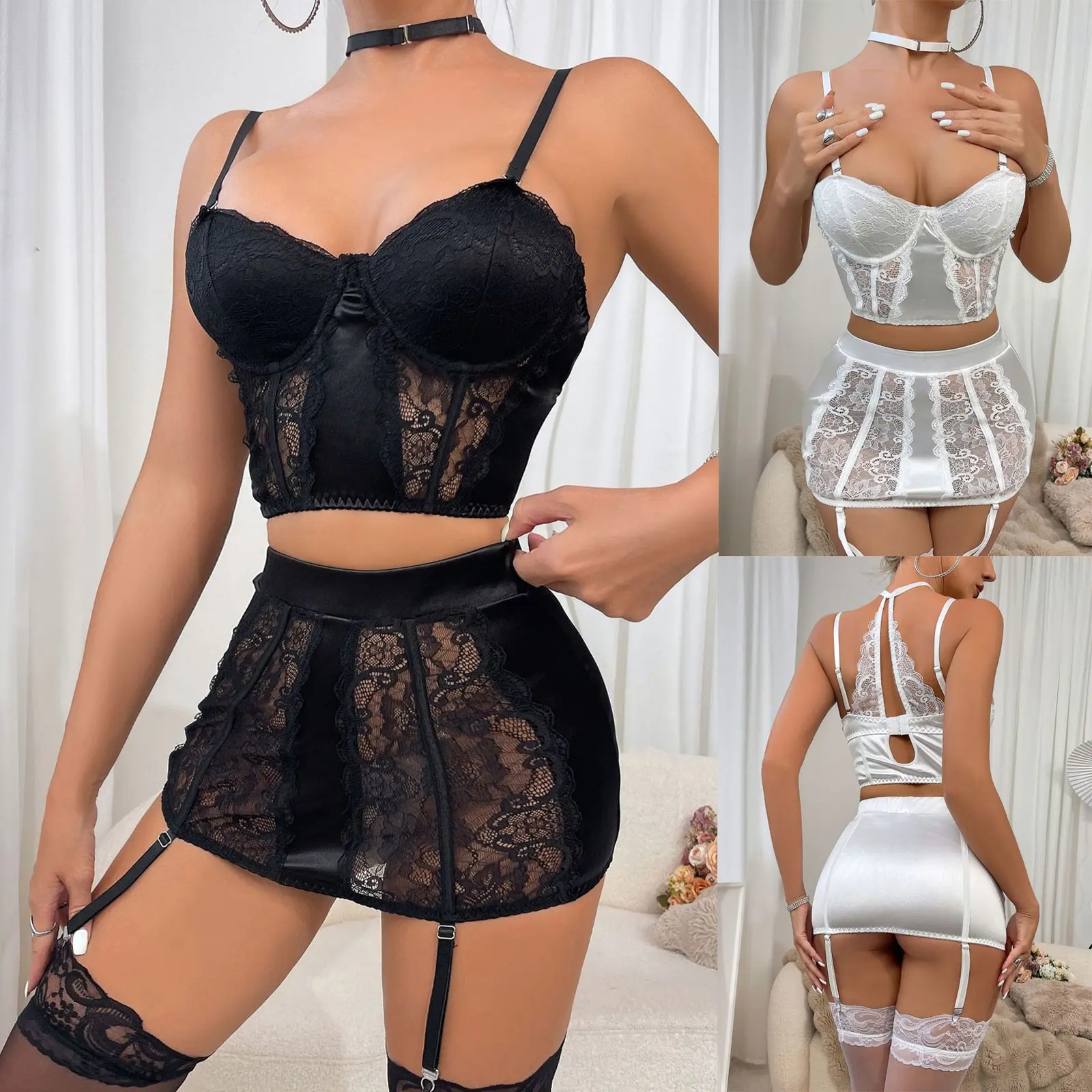 Two Piece Set Camisole Sexy Lingеrie Short Skirt Sexy Adult Bra Set Womens Lace Hollow Body Shaper Hip Hugging Skirt Garter Belt