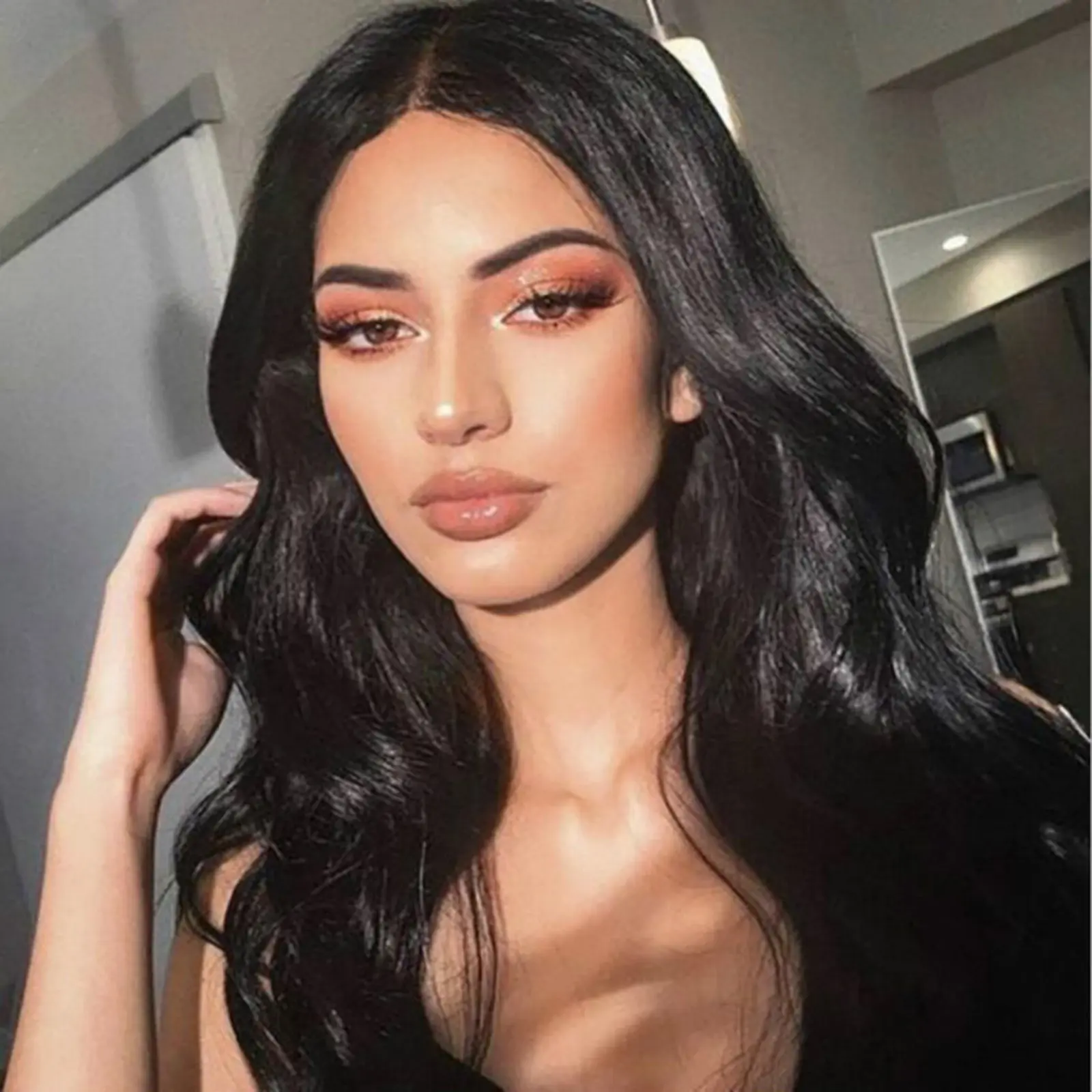 Synthetic Wig Long Lace Black Wavy Wig for Women Middle Part Curly Natural Looking Heat Resistant Fiber for Daily