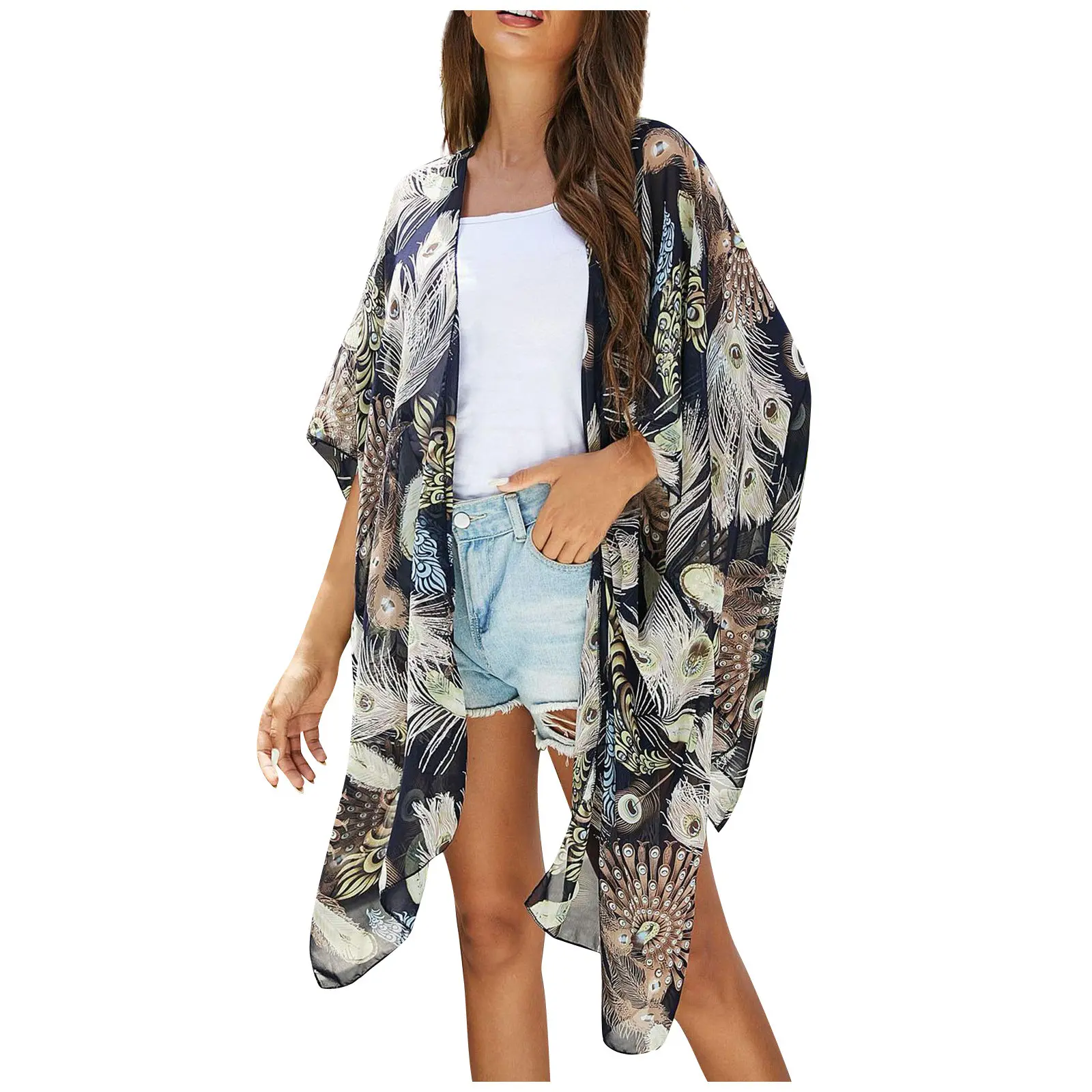 Summer Cover-ups Women Chiffon Printed Cardigan Female Sunscreen Swimwear Beachwear Kimono Casual Beach Bikini Holiday Cover Up