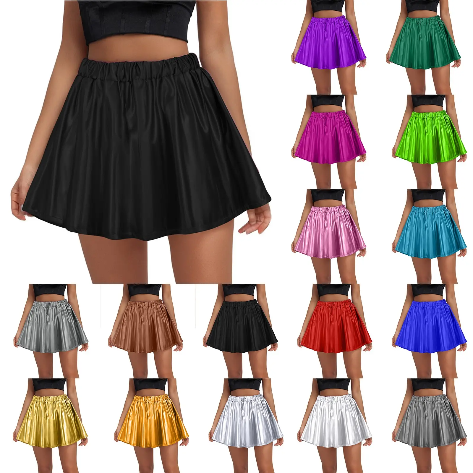 High Waist Pleated Latex Leather Women'S Skirt Fashion Loose Solid Short Skirt Sparkly Shiny Skirts For Women Summer Rave Party