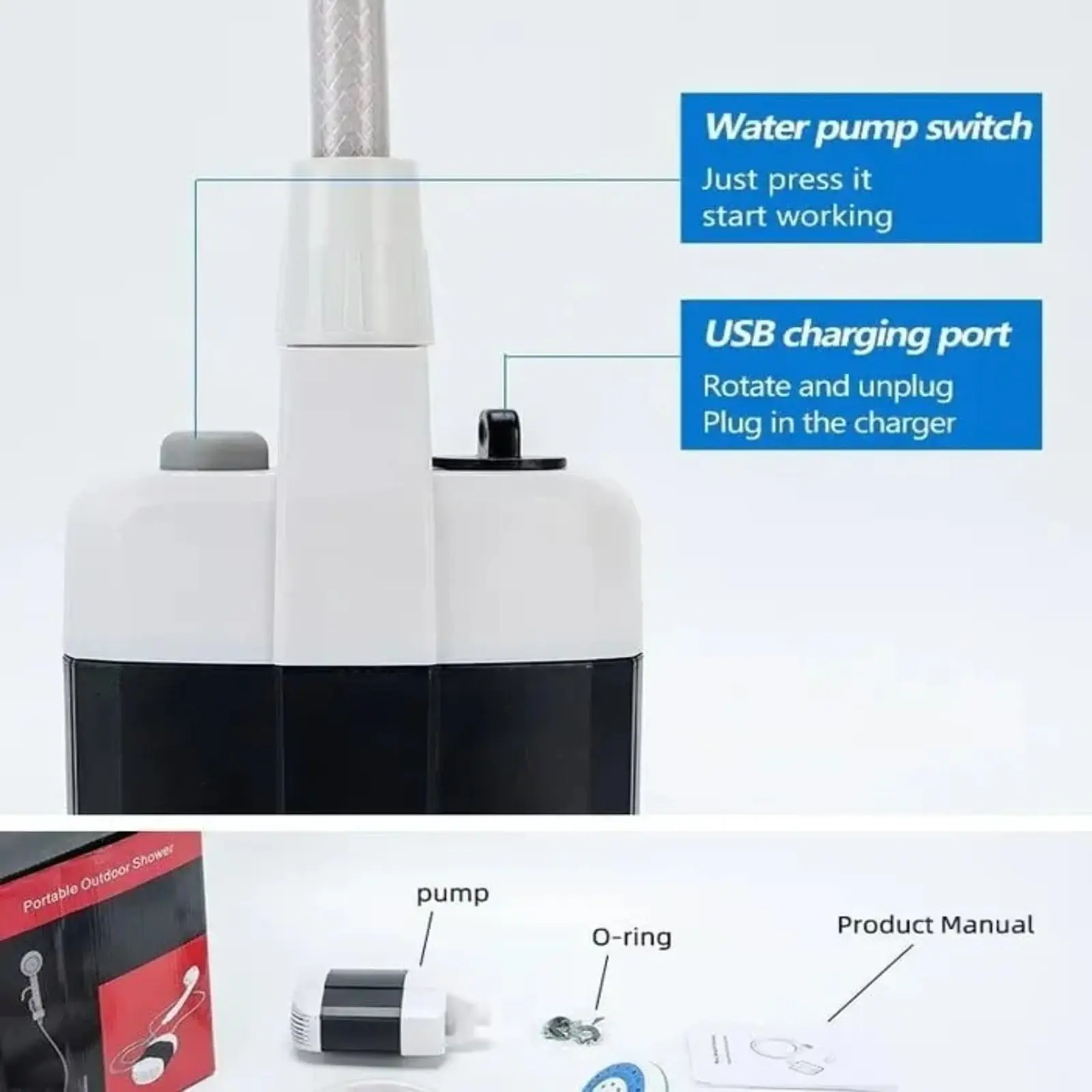 Rechargeable Shower Portable Camping Shower Head Bathing 5V Pump 8.3ft for Outdoor Travel Hiking Beach Pet Cleaning Equipment