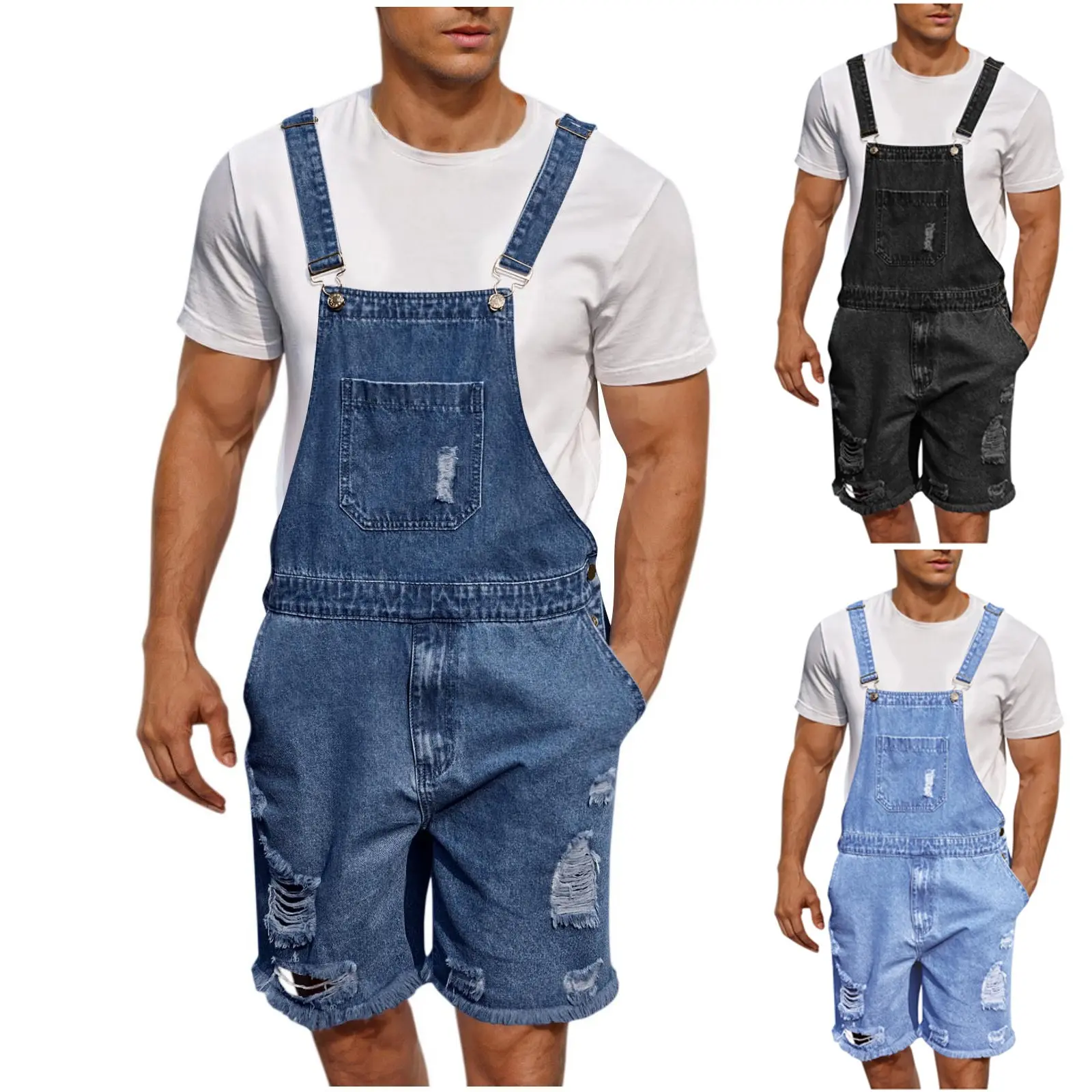 Summer Men's Vintage Jeans Overalls Elastic Denim Jumpsuit With Pockets Men Casual Button Suspenders Short Pants