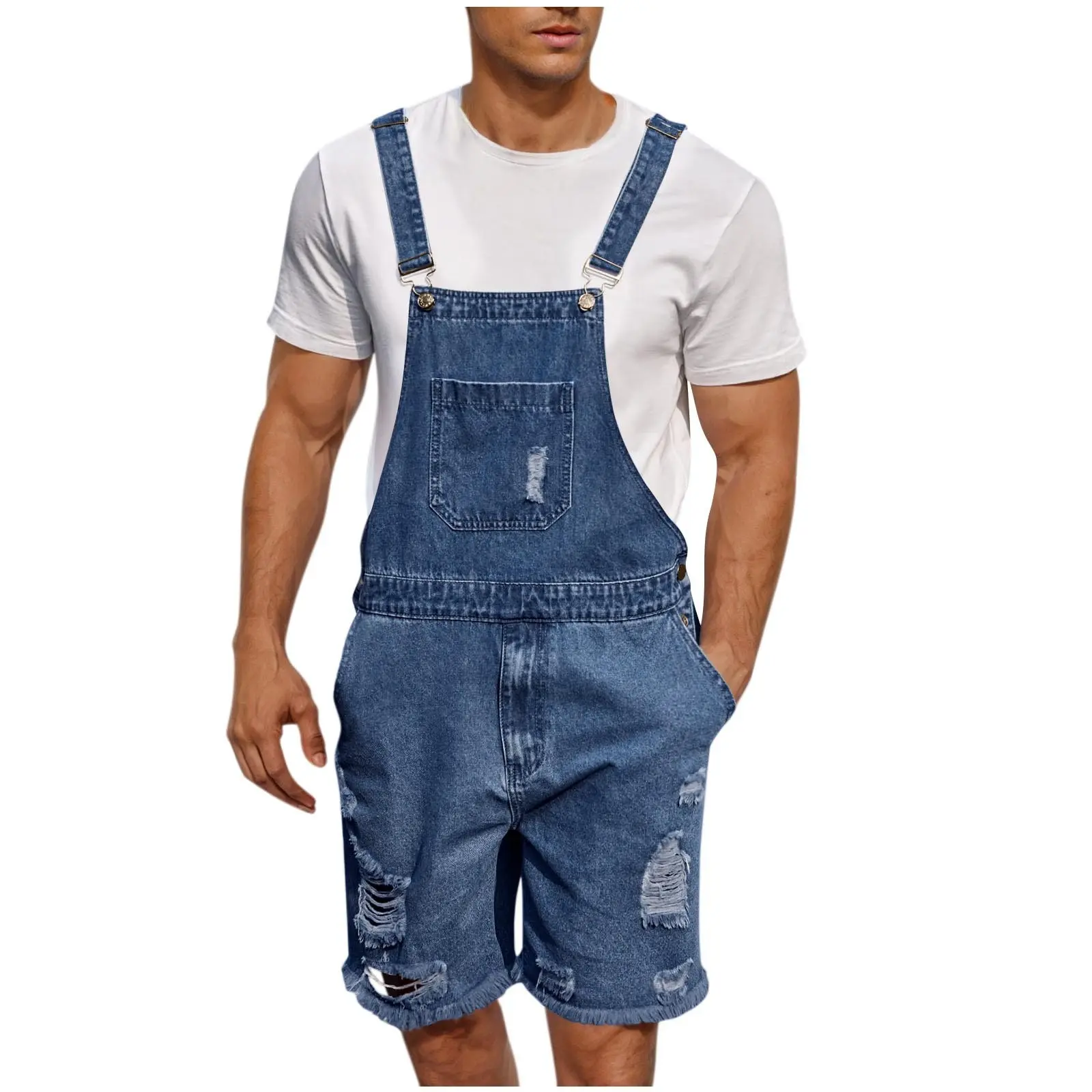 Summer Men's Vintage Jeans Overalls Elastic Denim Jumpsuit With Pockets Men Casual Button Suspenders Short Pants
