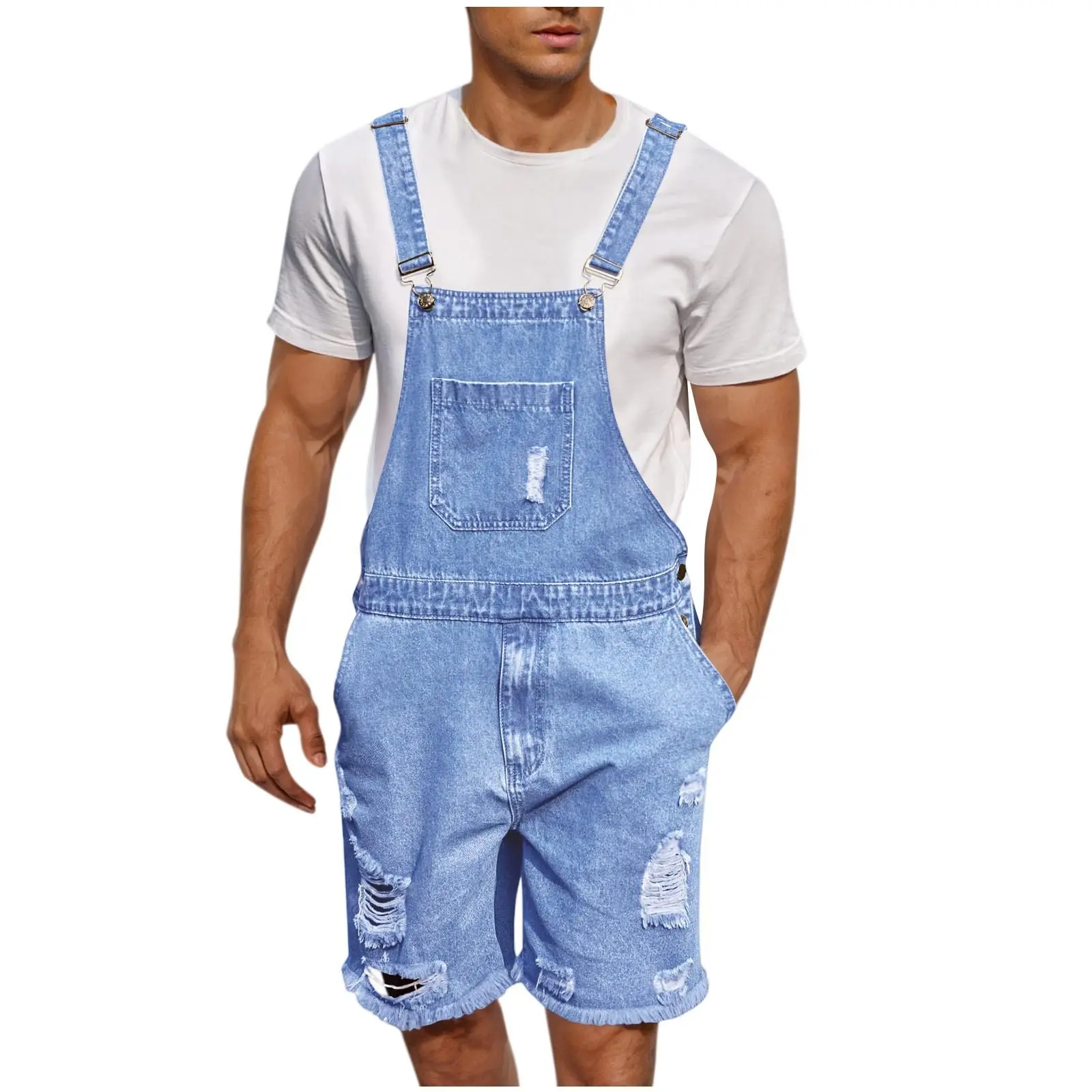 Summer Men's Vintage Jeans Overalls Elastic Denim Jumpsuit With Pockets Men Casual Button Suspenders Short Pants