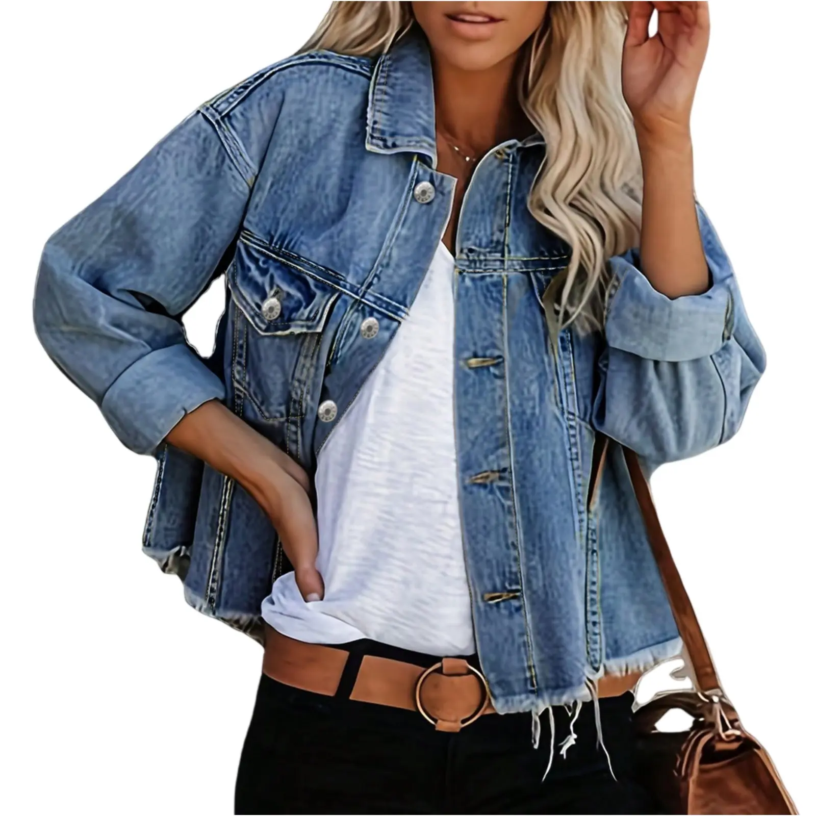 Denim Coat Women Distressed Turn Down Collar Cardigan Jackets Single Breasted Casual Basics Pockets Button Spliced Solid