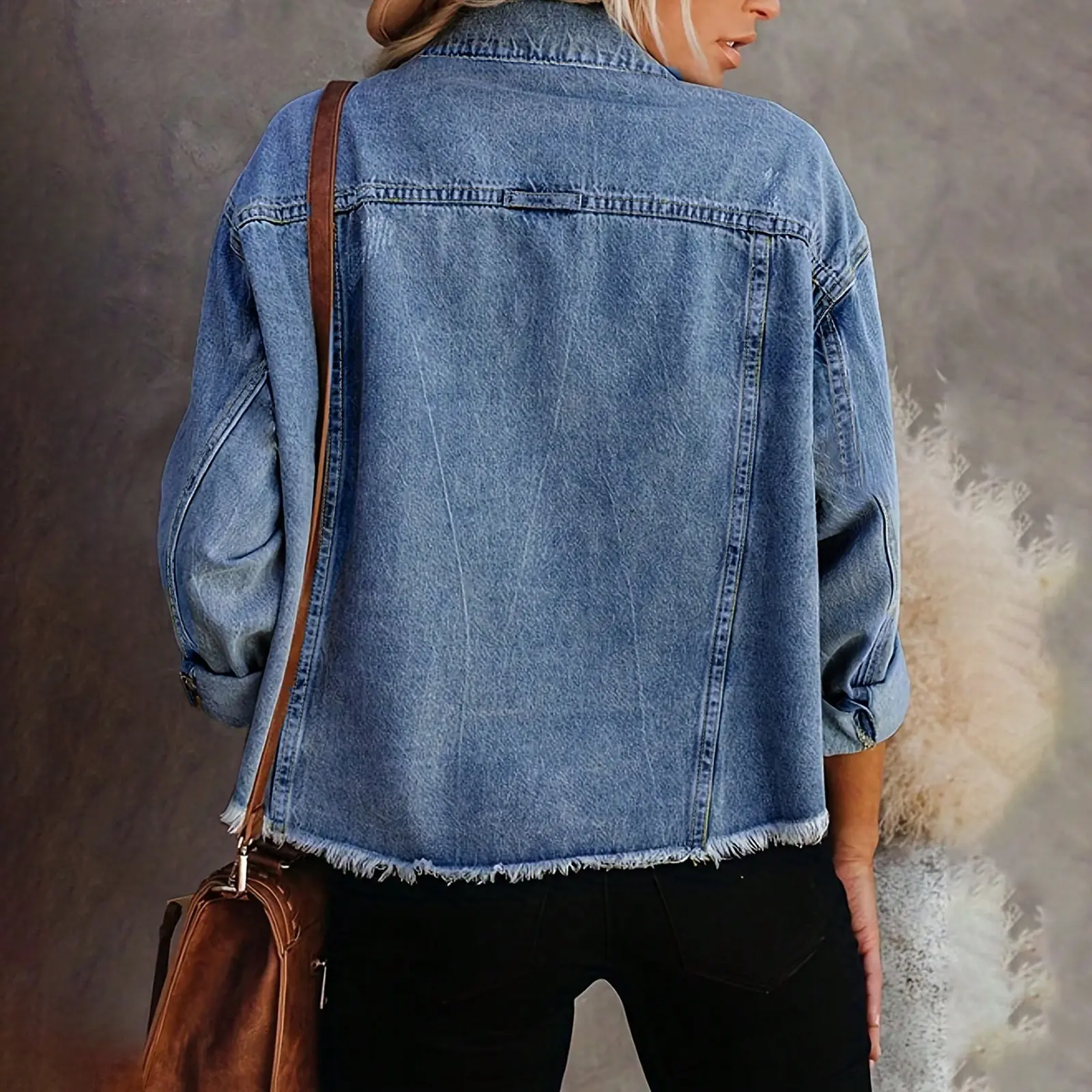Denim Coat Women Distressed Turn Down Collar Cardigan Jackets Single Breasted Casual Basics Pockets Button Spliced Solid