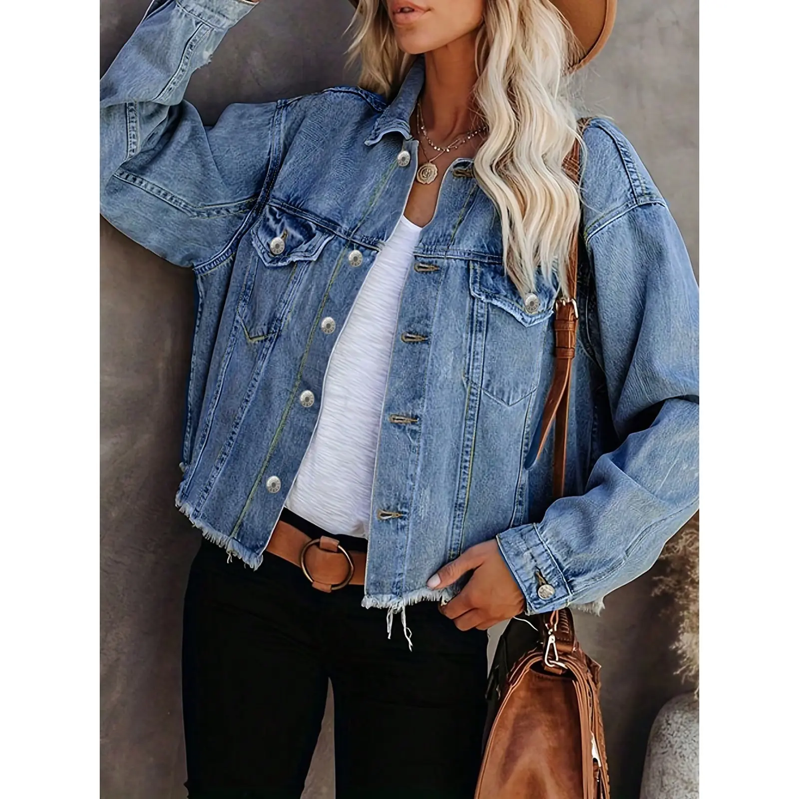Denim Coat Women Distressed Turn Down Collar Cardigan Jackets Single Breasted Casual Basics Pockets Button Spliced Solid