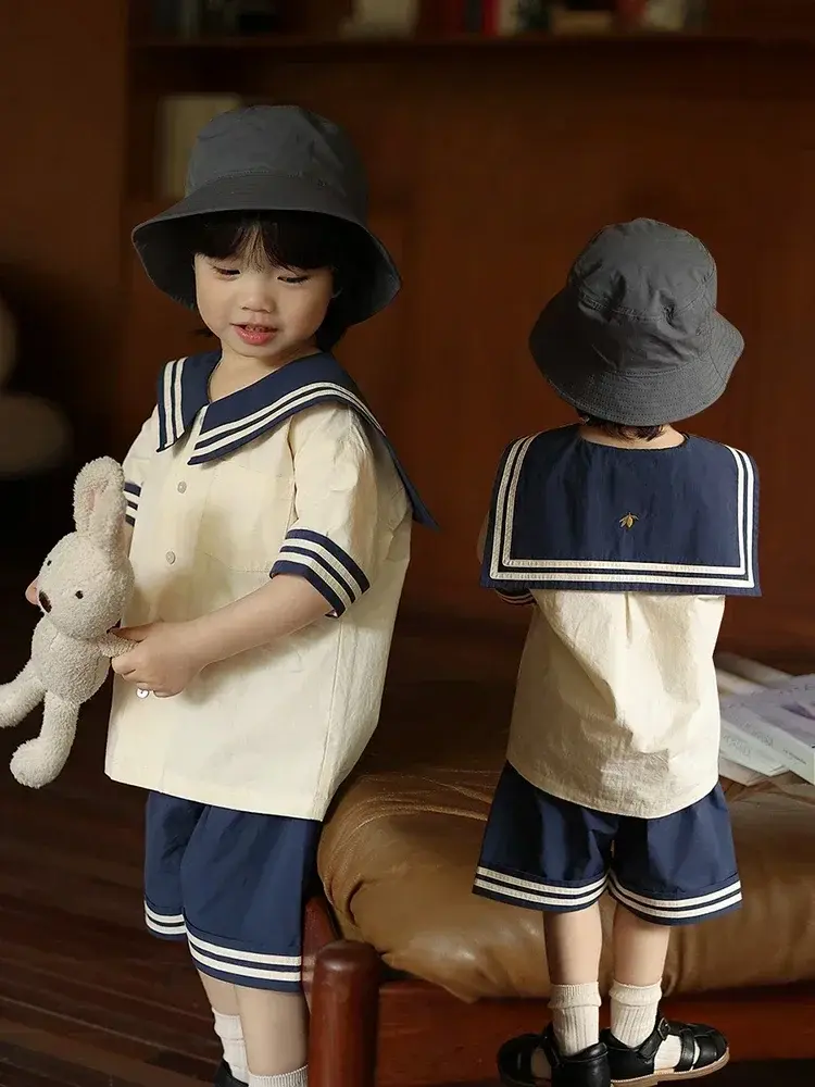 Spring Summer Baby Boy Girl Clothes Sets Sailor Collar Soft Cotton Fashion Baby Navy Uniform Baby Costume