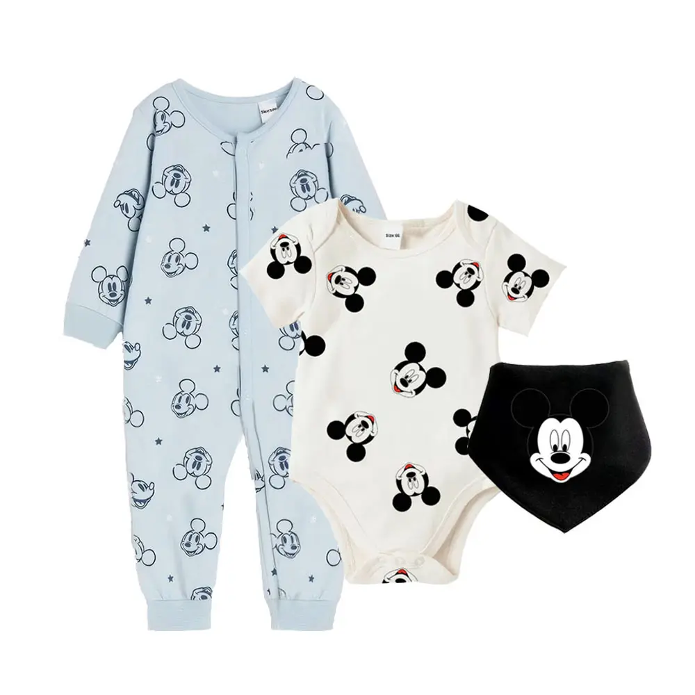 3Pcs 0-2Years Cute Minnie Mouse Printed Infant Rompers Spring Summer Cotton Baby Jumpsuits + bib Newborn Boy Girl Clothing