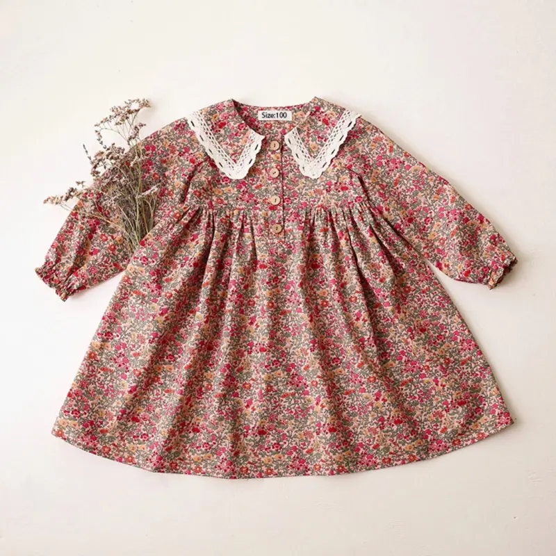 New Spring Summer Children Girl Clothes Cotton Floral Long Sleeve Dress for Girls Casual Kids Dress