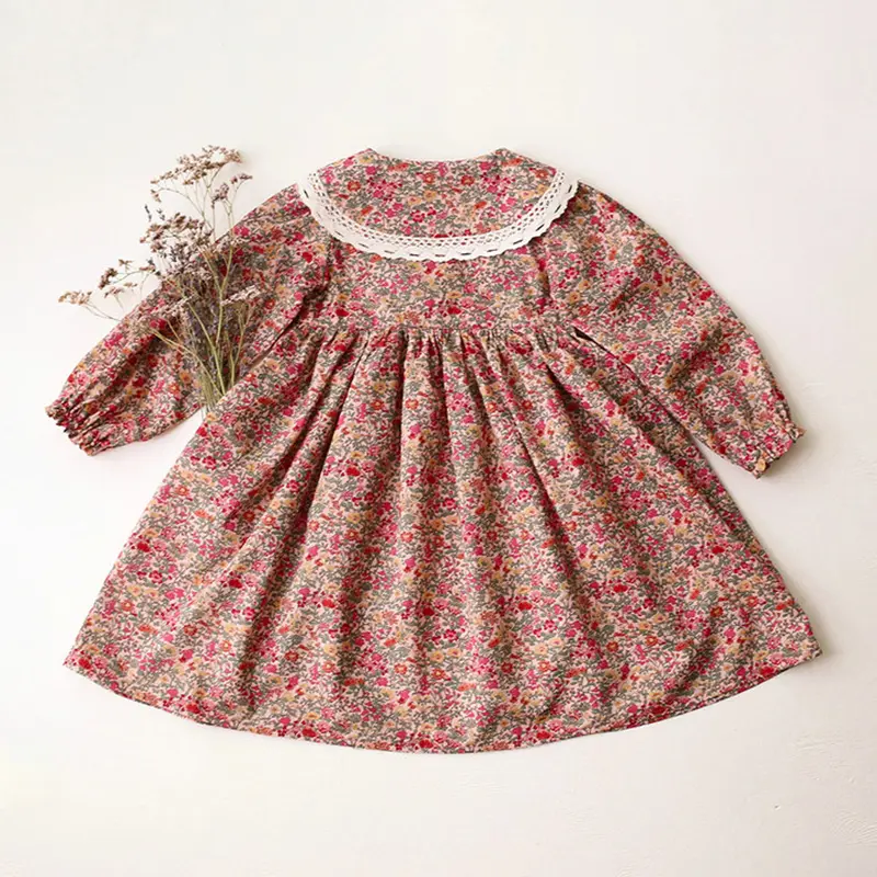 New Spring Summer Children Girl Clothes Cotton Floral Long Sleeve Dress for Girls Casual Kids Dress