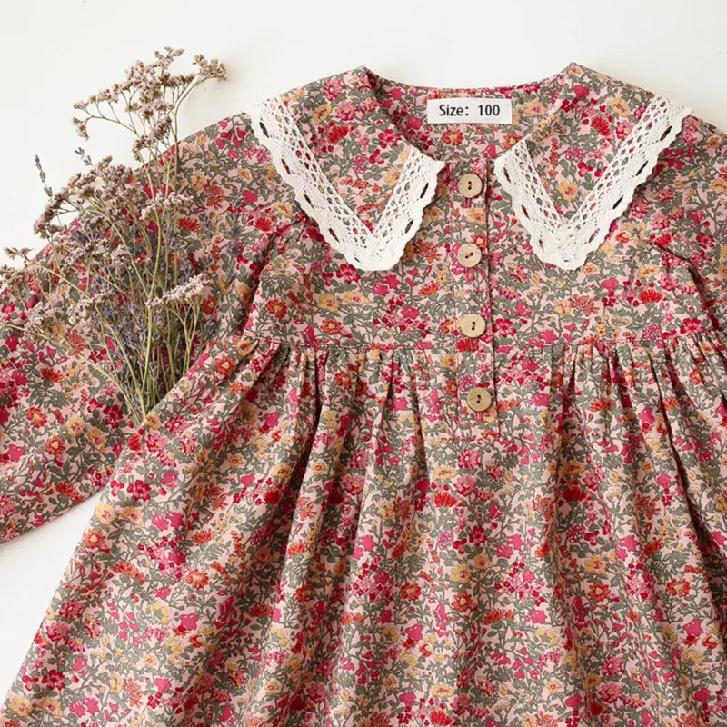 New Spring Summer Children Girl Clothes Cotton Floral Long Sleeve Dress for Girls Casual Kids Dress