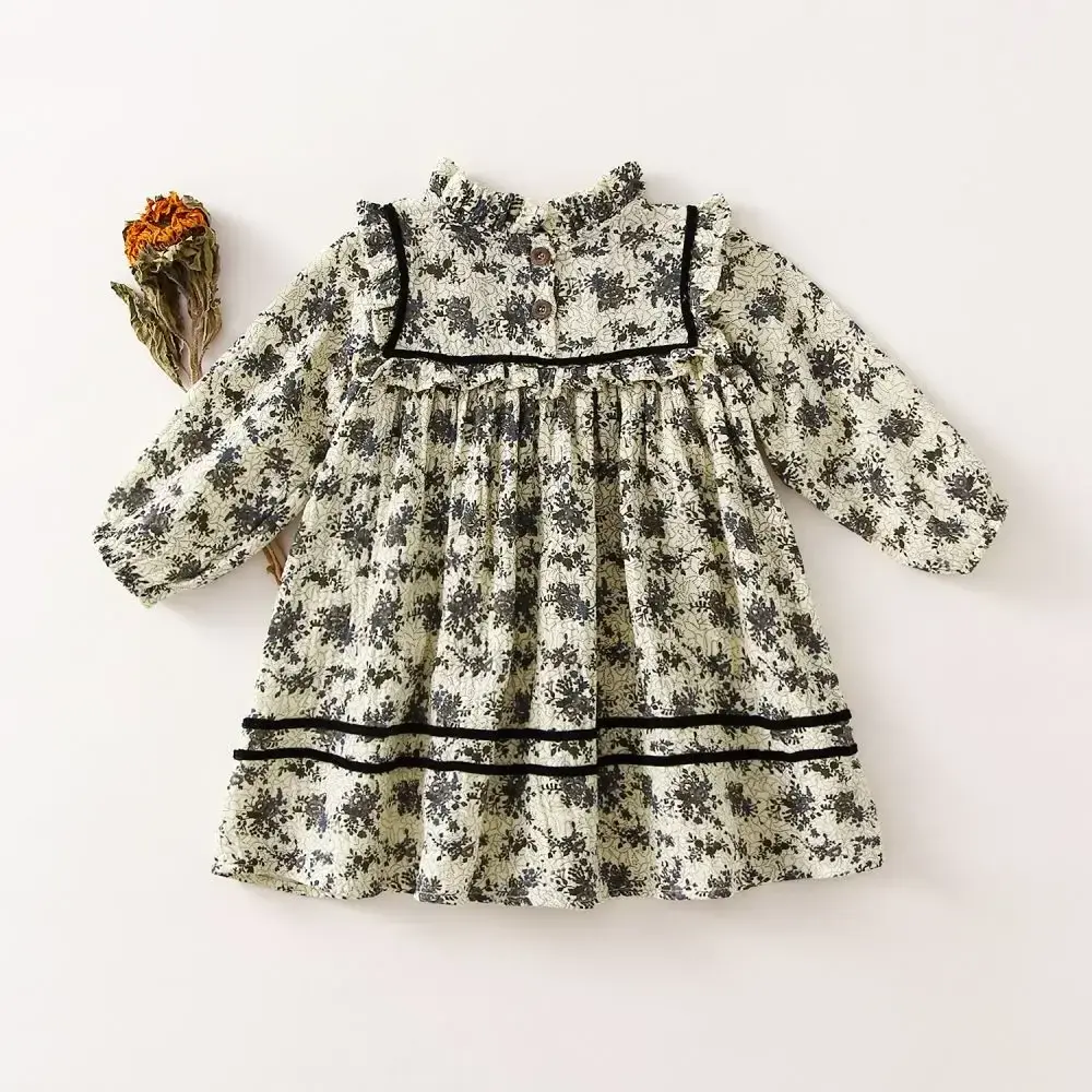 Organic cotton Toddler Girl Dresses Kids Blouse Vintage Floral Baby Girls Party Dress