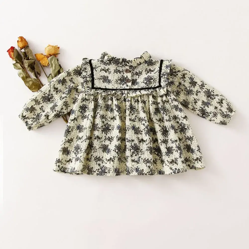 Organic cotton Toddler Girl Dresses Kids Blouse Vintage Floral Baby Girls Party Dress