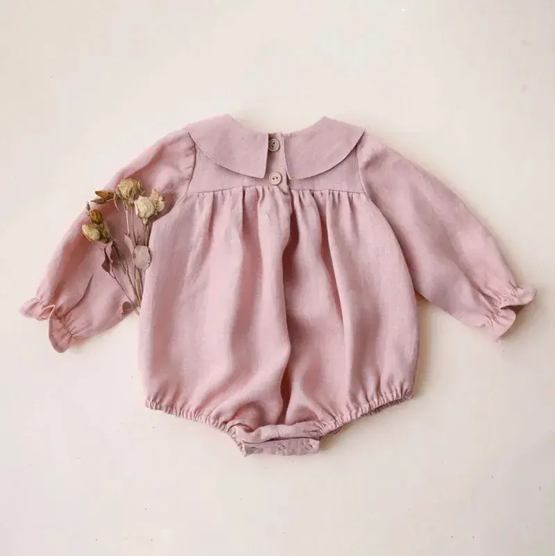 Toddler Girl Vintage Long Sleeve Clothes Baby Girl Linen Cotton Romper Jumpsuit Infant Solid Clothing