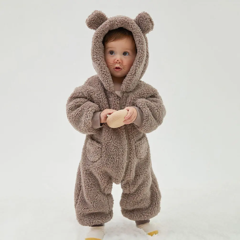 Autumn Winter Fleece Hooded Baby Rompers Cute Long Sleeve Outerwear Overalls Toddler Clothing