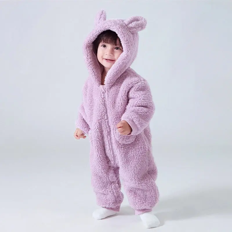 Autumn Winter Fleece Hooded Baby Rompers Cute Long Sleeve Outerwear Overalls Toddler Clothing