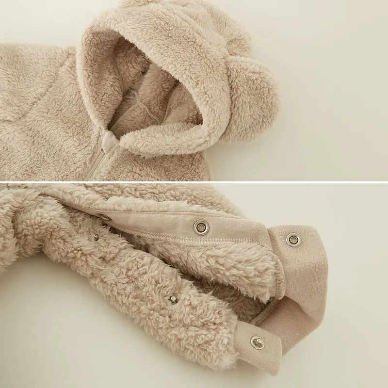 Autumn Winter Fleece Hooded Baby Rompers Cute Long Sleeve Outerwear Overalls Toddler Clothing