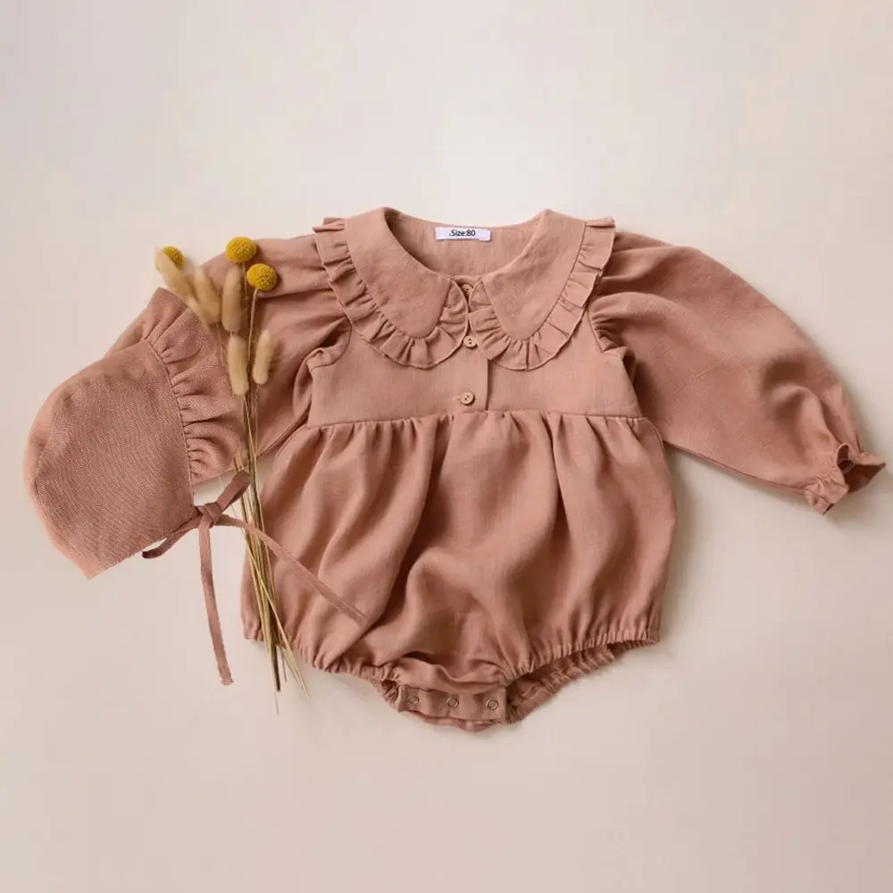 2Pcs Spring Baby Girls Playsuit With Hat Long Sleeves Newborn Girl Clothing Cotton Linen Fabric Infant Baby Bodysuits