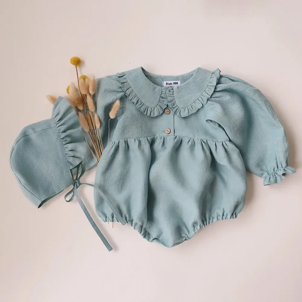 2Pcs Spring Baby Girls Clothes With Hat 0-2Y Infant Girls Romper Linen Cotton Long Sleeve Newborn One Piece Baby Girls Jumpsuit