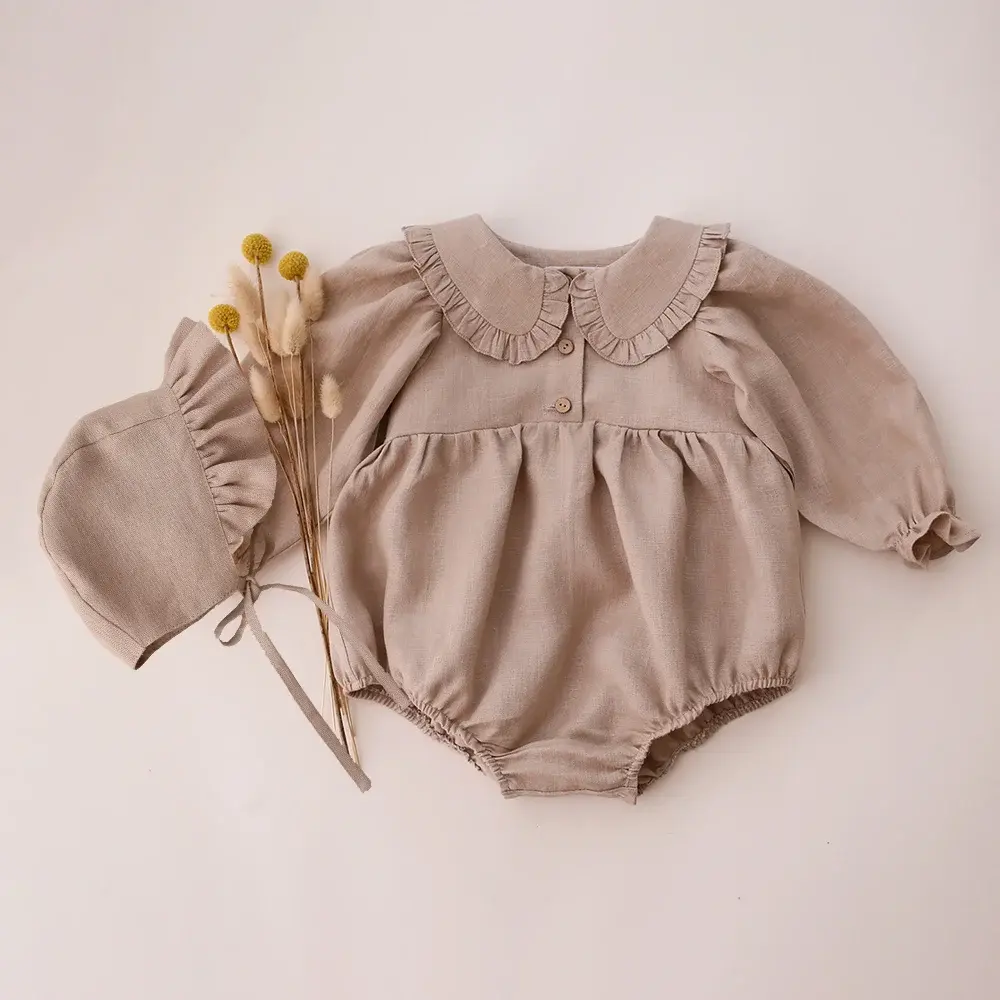 2Pcs Spring Baby Girls Playsuit With Hat Long Sleeves Newborn Girl Clothing Cotton Linen Fabric Infant Baby Bodysuits