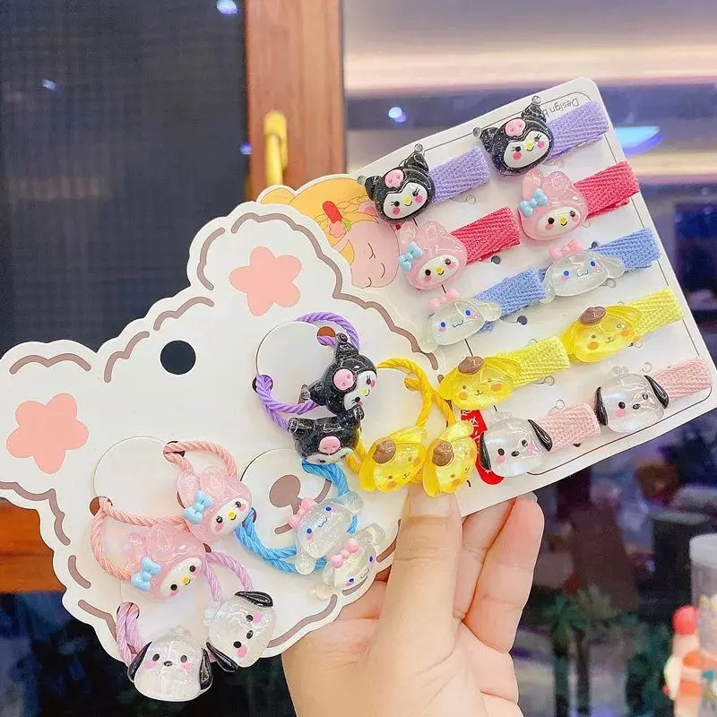 10 Pairs Sanrio Kids Hair Accessories Kuromi Melody Cinnamoroll Hello Kitty Hair Rope and Hairpin Toddler Girl Headwear
