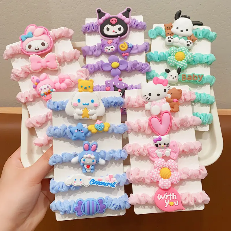 5PCS Kuromi Hair Bands for Children Kawaii Sanrio Hello Kitty Gril's Hair Tie Baby Accessories Elastic Hair Girls