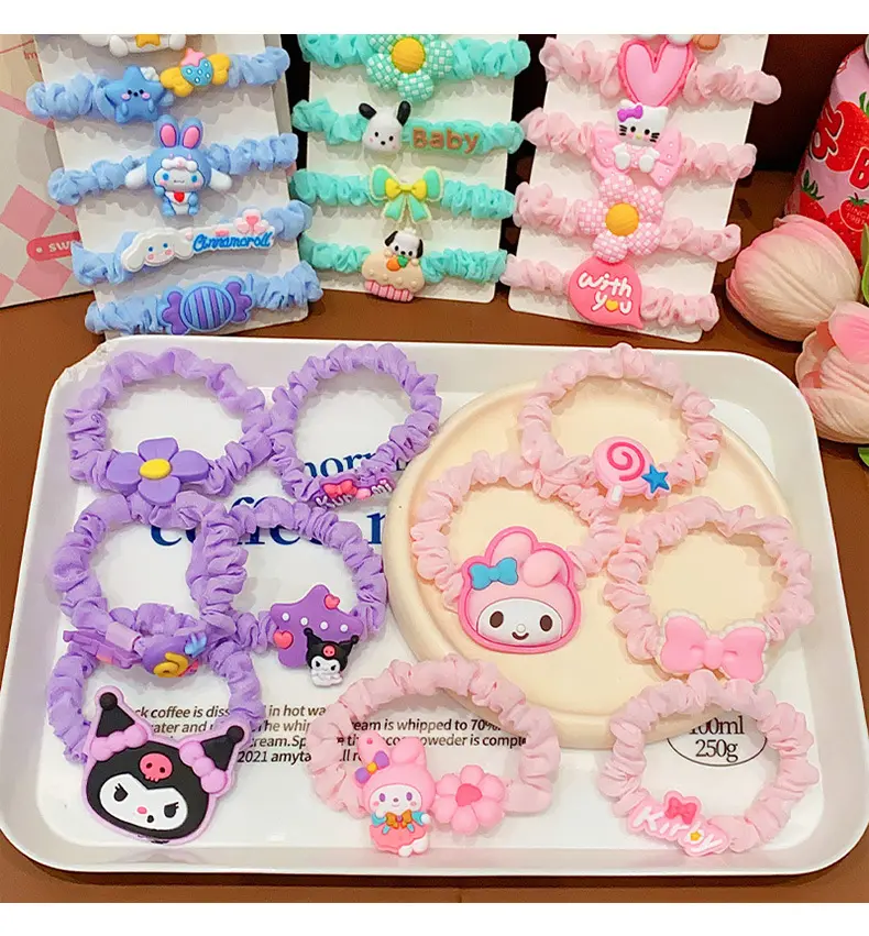 5PCS Kuromi Hair Bands for Children Kawaii Sanrio Hello Kitty Gril's Hair Tie Baby Accessories Elastic Hair Girls