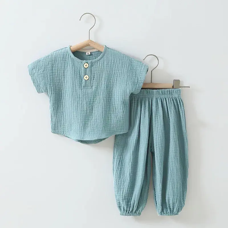 Children Baby Boy Clothes Set Solid Organic Cotton Short Sleeve Top + Pant 2Pcs Summer Kids Clothing