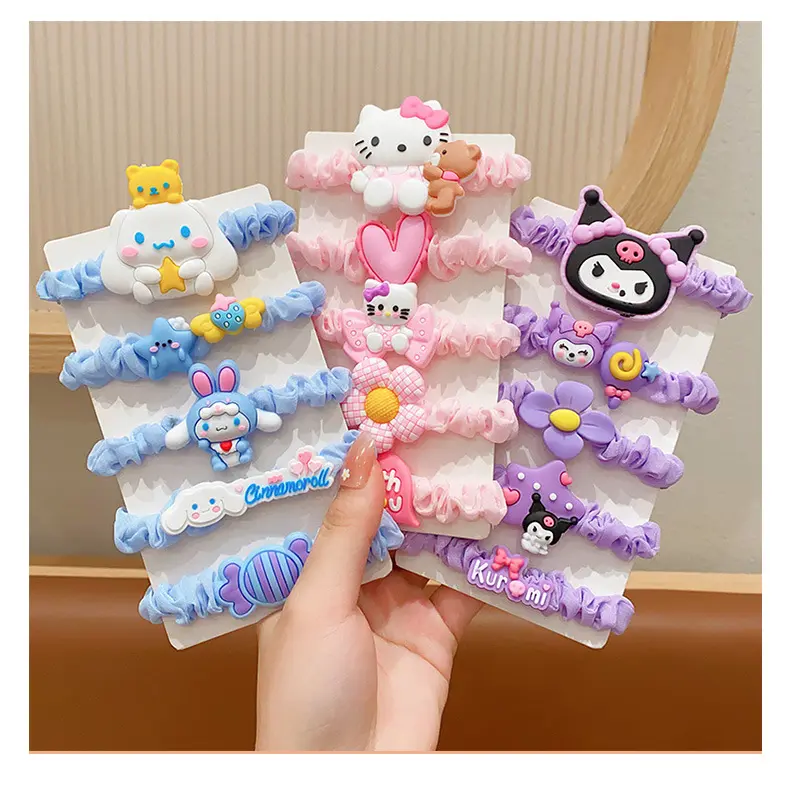 5PCS Kuromi Hair Bands for Children Kawaii Sanrio Hello Kitty Gril's Hair Tie Baby Accessories Elastic Hair Girls