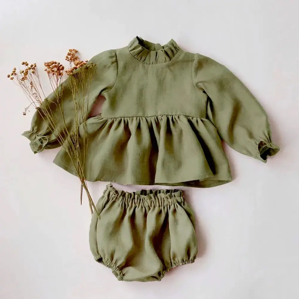 2Pcs Baby Girl Clothing Sets Spring Summer Linen Cotton Infant Baby Girl Outfits Blouse + Bottom Shorts