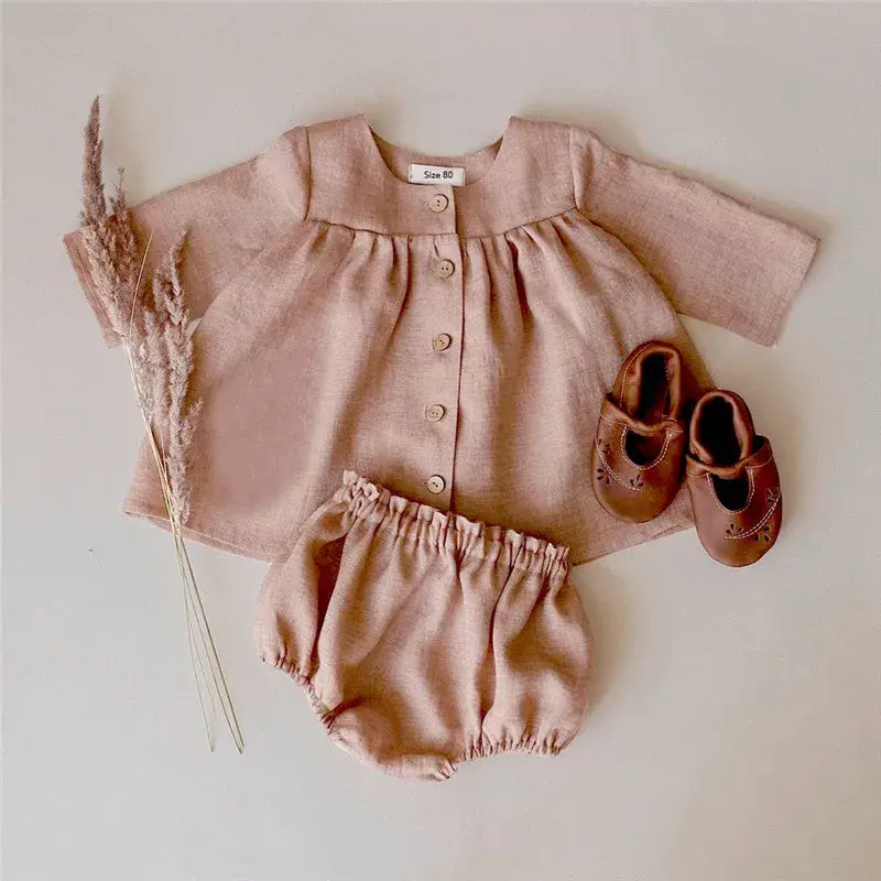 2Pcs Baby Girl Clothing Sets Spring Summer Linen Cotton Infant Baby Girl Outfits Blouse + Bottom Shorts