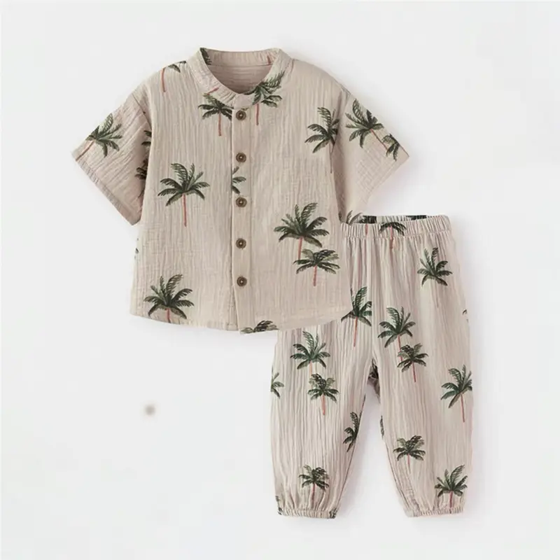 Summer Infant Boy Suits Organic Cotton Baby Short Sleeve Top + Pant Fashion Printed Kids Clothes Set