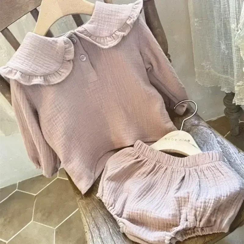 2Pcs Spring Autumn Baby Girl Clothes Soft Cotton Lotus Leaf Collar Long Sleeve Tops + Shorts Infant Baby Solid Clothing Sets