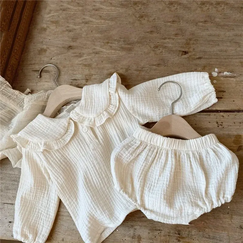2pcs Newborn Baby Girls Clothes Organic Cotton Ruffled Collar Lapel Long Sleeve Shirt Top + Bread Pants Korean Casual Clothing