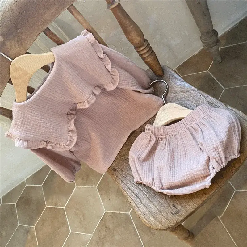 2pcs Newborn Baby Girls Clothes Organic Cotton Ruffled Collar Lapel Long Sleeve Shirt Top + Bread Pants Korean Casual Clothing